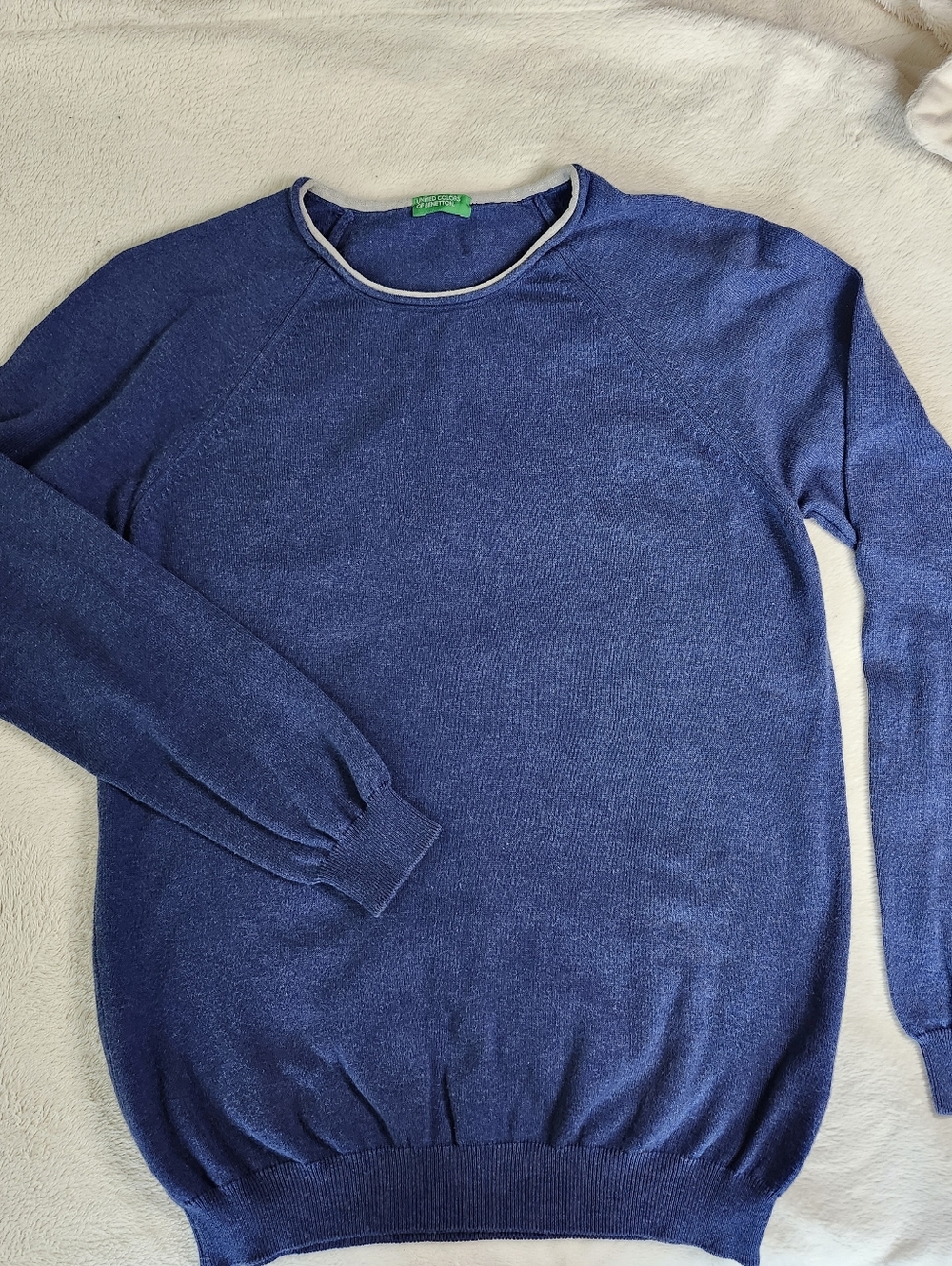 Benetton Blue Cotton Rollneck Sweater With Pale Grey Trim Size Small